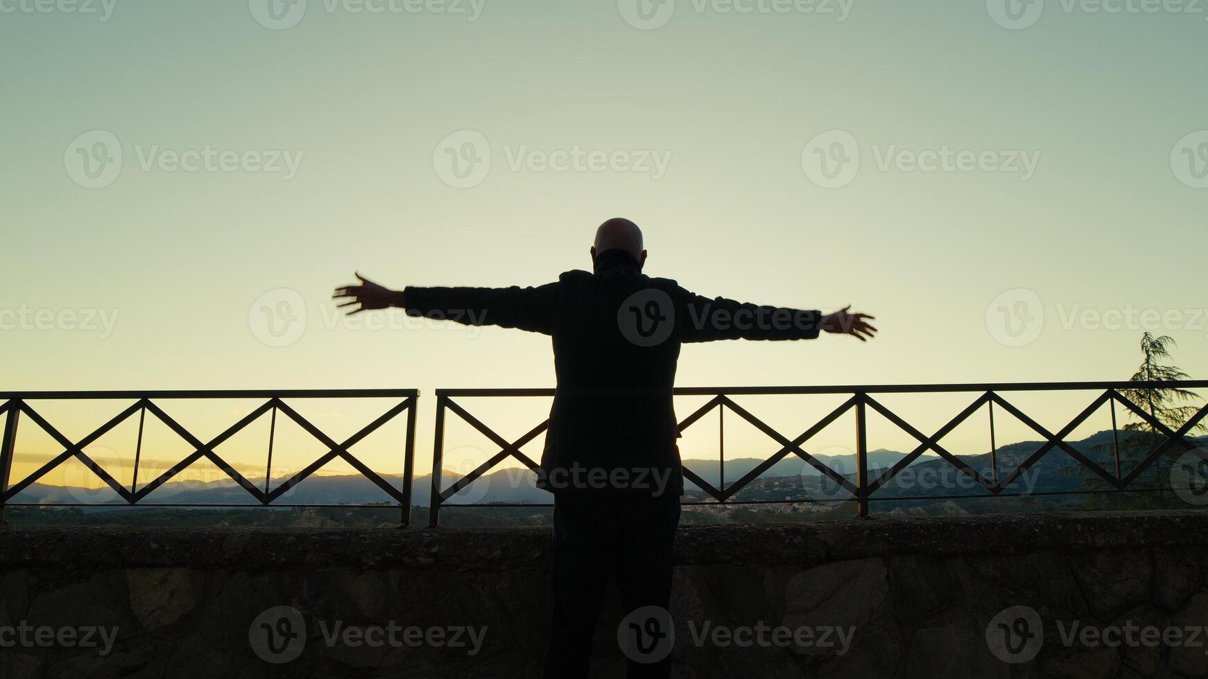 Silhouette Of A Man Greeting Happy With Hand From The Panoramic View Of The City Outdoor photo