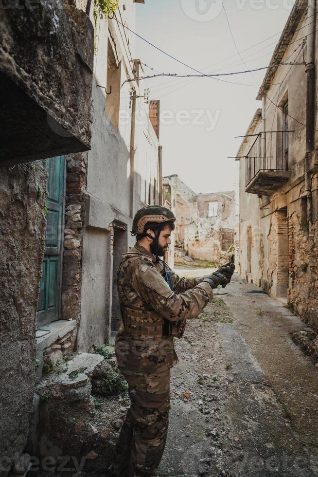 Soldier Gets Lost During War And Checks His Compass In The City photo