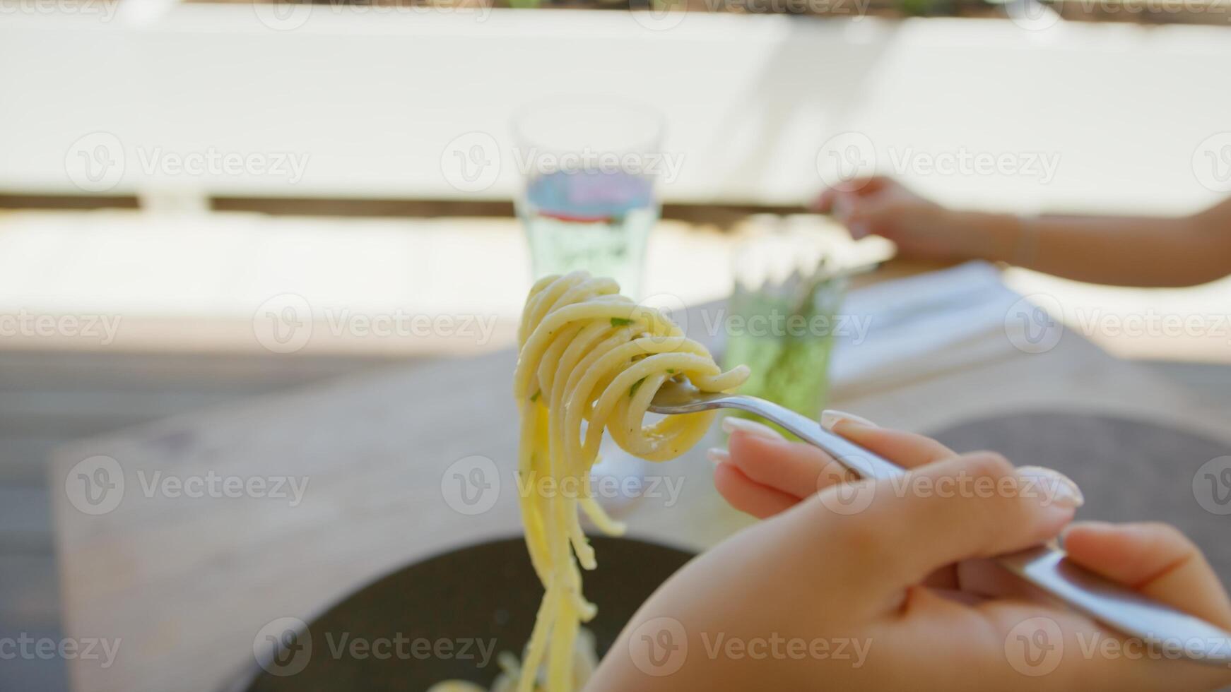 Spaghetti On A Fork Hanging In The Air Ready To Be Eaten For Lunch outdoor photo