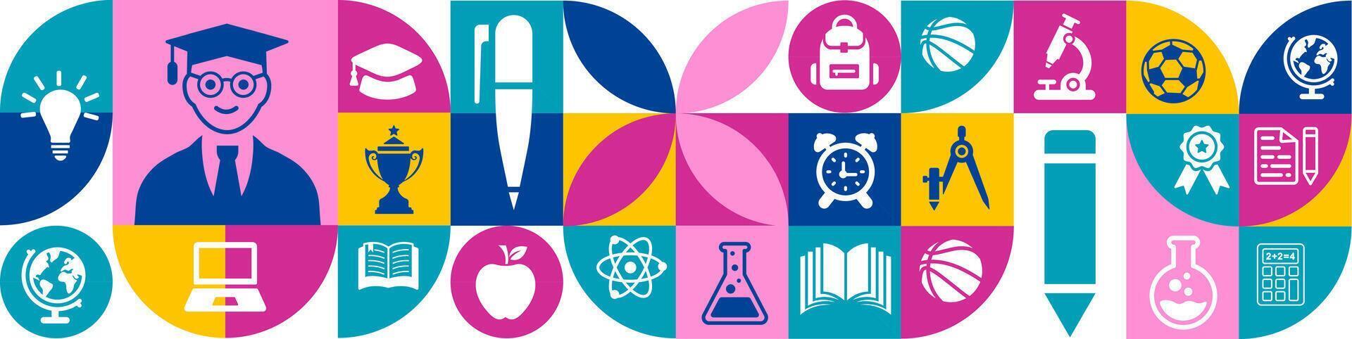 back to school education geometric shape college pattern background. A vibrant collection of minimalist white silhouette icons representing various academic subjects, vector