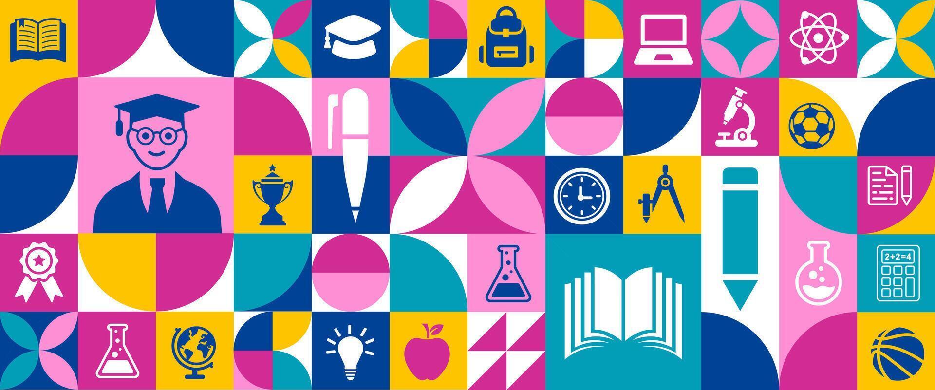 back to school education geometric shape college pattern background. A vibrant collection of minimalist white silhouette icons representing various academic subjects, school vector