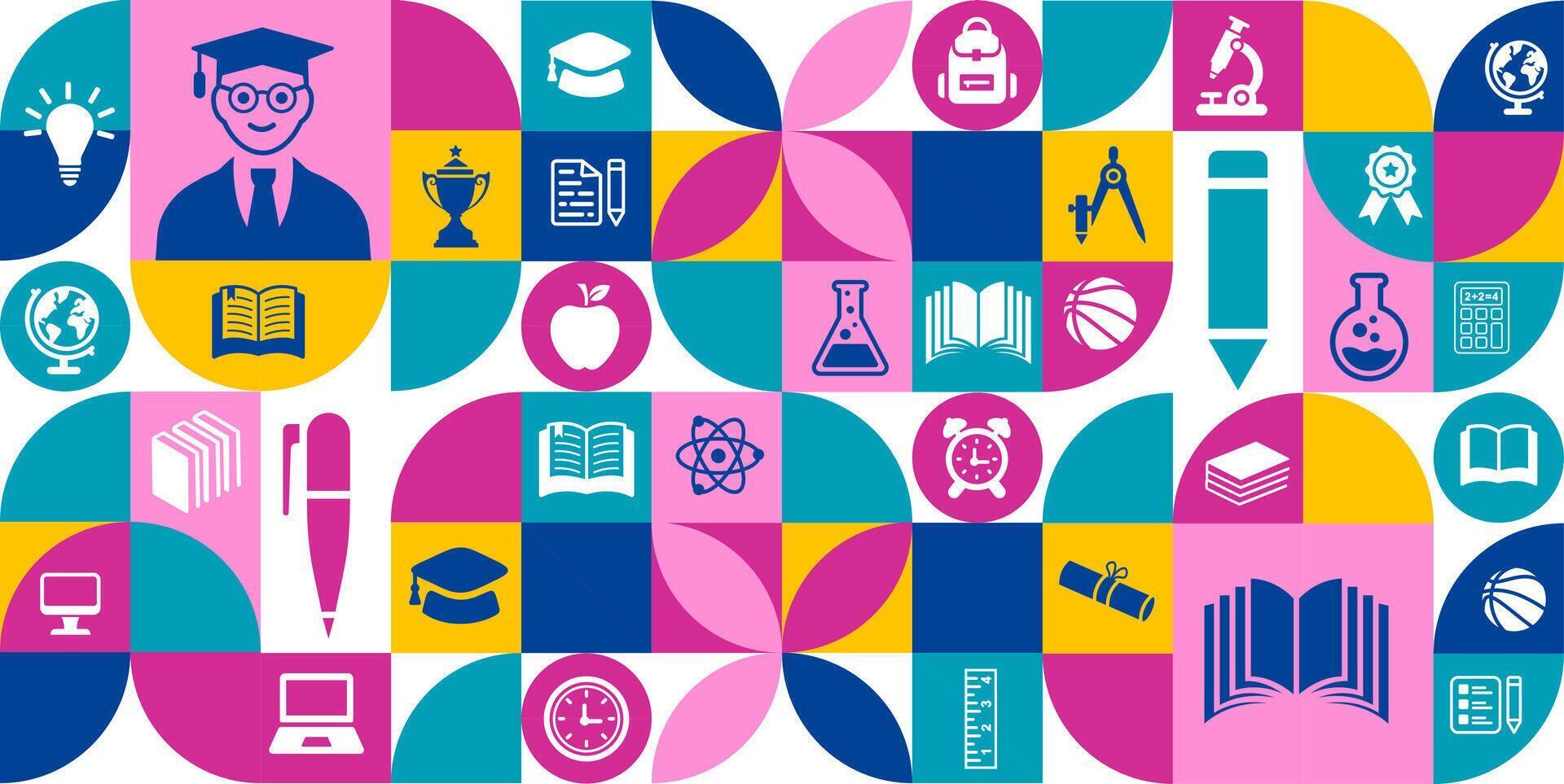 back to school education geometric shape college pattern background. A vibrant collection of minimalist white silhouette icons representing various academic subjects, school supplies vector