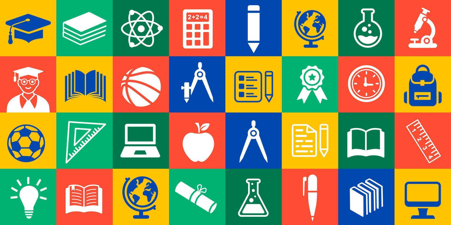 back to school education geometric shape college pattern background. A vibrant collection of minimalist white silhouette icons representing various academic subjects, school supplies, and learning vector