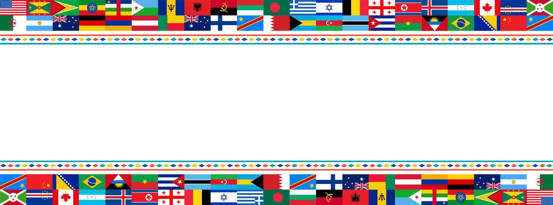 International Flags Border Design. Diverse Countries and Nations flag Banner for Global Unity and Multicultural Themes. world popular all flag horizontal banner or background design. vector