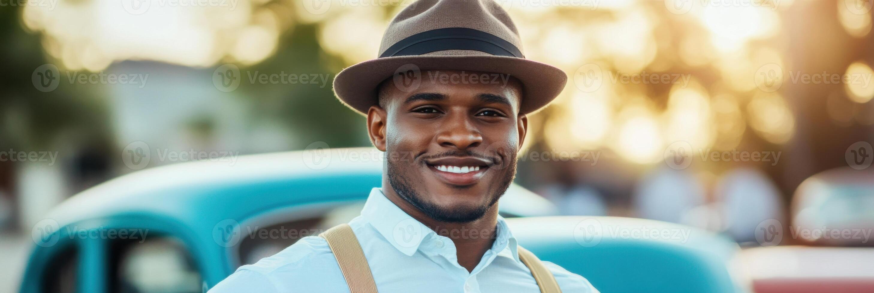 Dapper gentleman in fedora and suspenders enjoys a classic car show at sunset photo