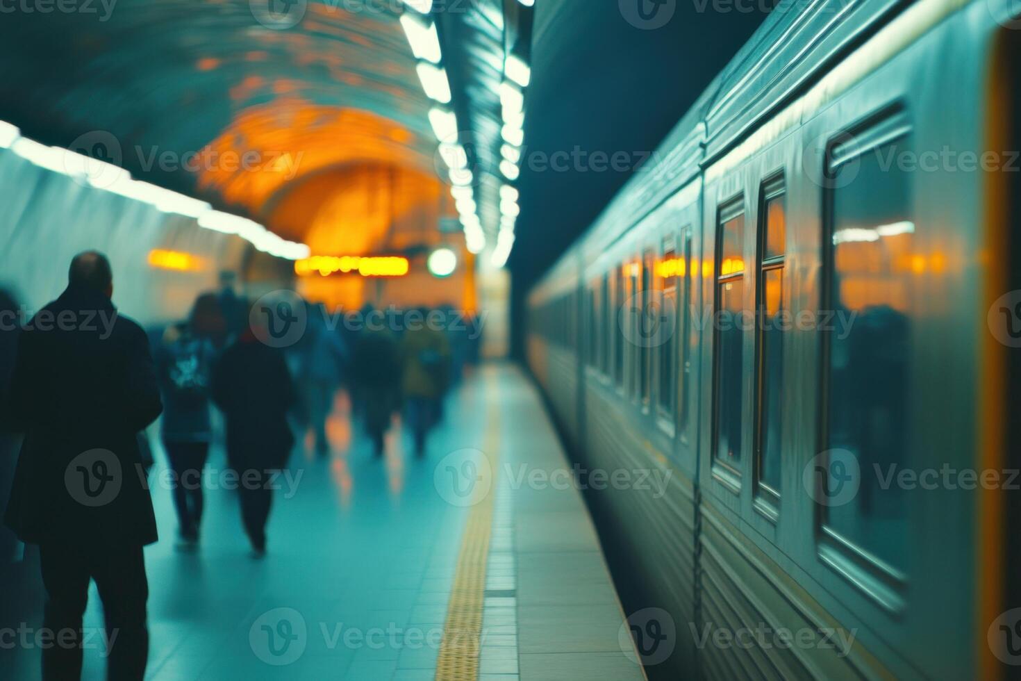 Overcrowded subway platform creates tense atmosphere amid rushing commuters in modern urban station photo