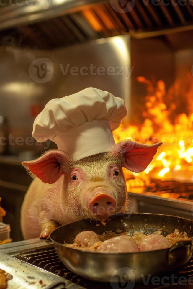Culinary chaos unfolds as a pig in a chefs hat creates a humorous kitchen disaster photo