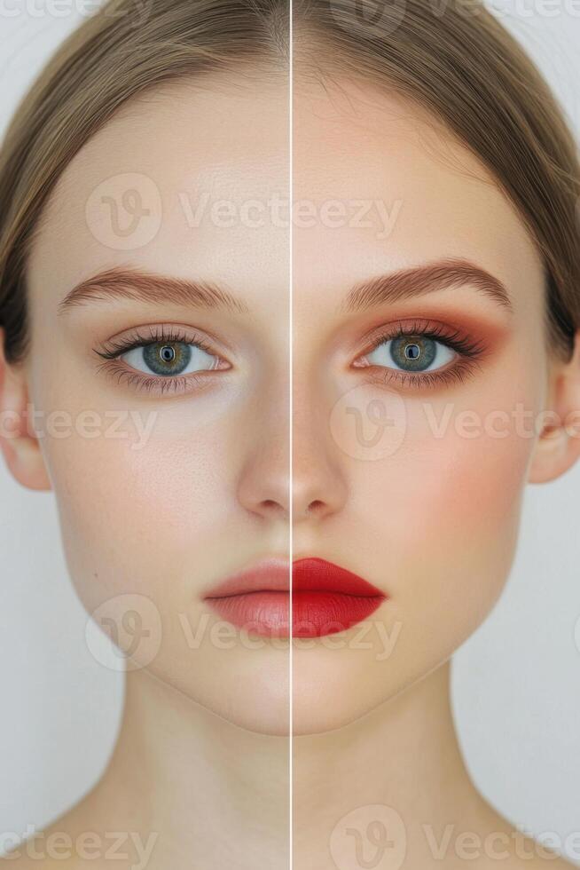 Transformation from bare face to glamorous makeup look showcasing beauty techniques and artistry photo