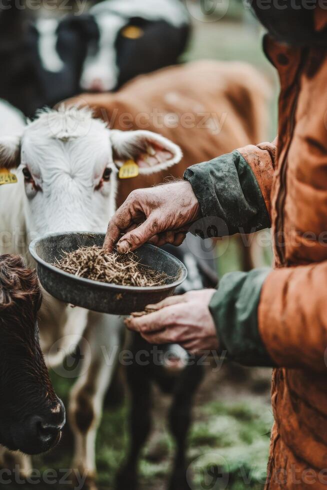 Livestock farmer feeds animals with care on a farm during daylight hours photo