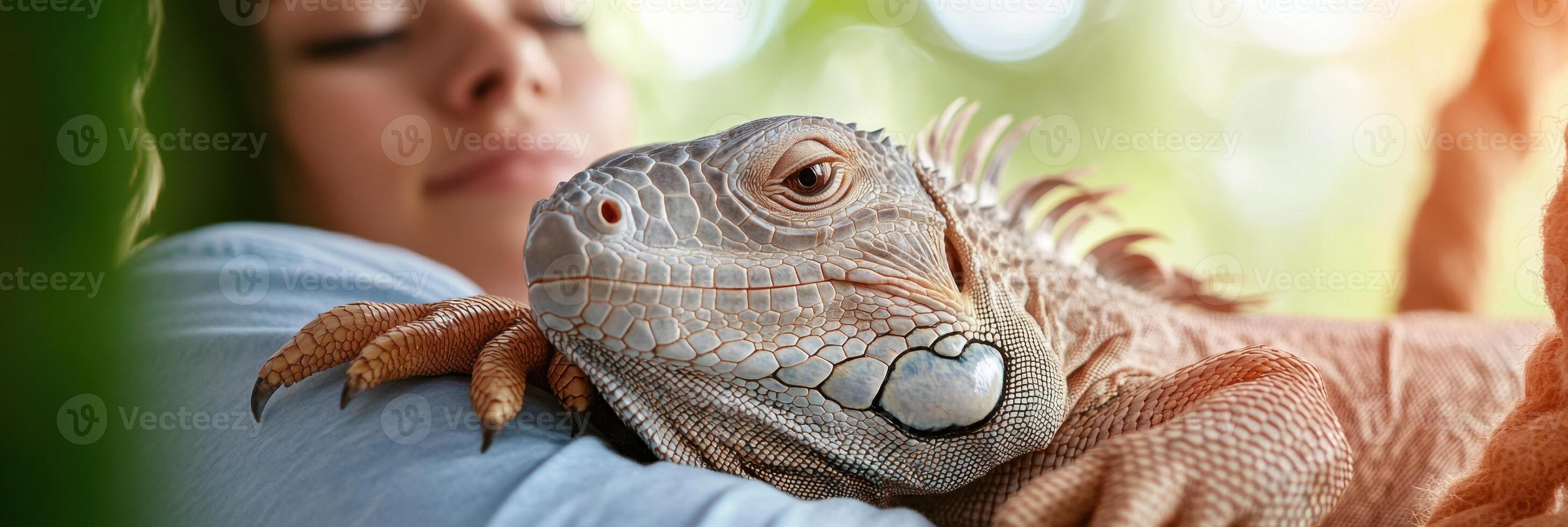 Large iguana enjoys playful engagement with teenager in unique indoor jungle gym setting photo
