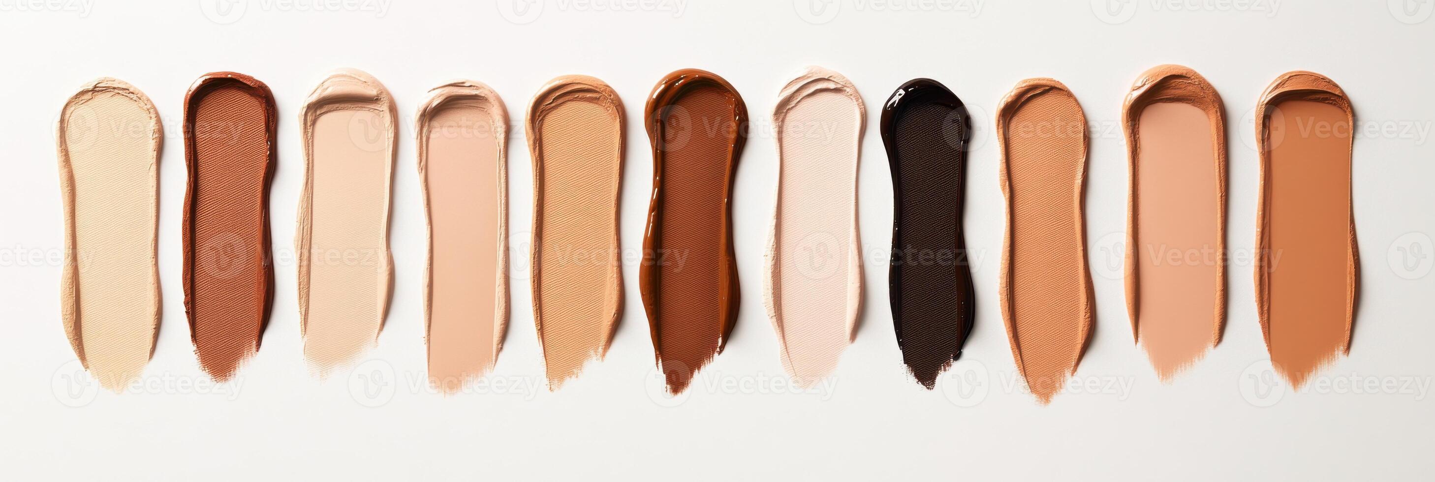 Exploring a variety of foundation swatches on diverse skin tones arranged on a white background photo