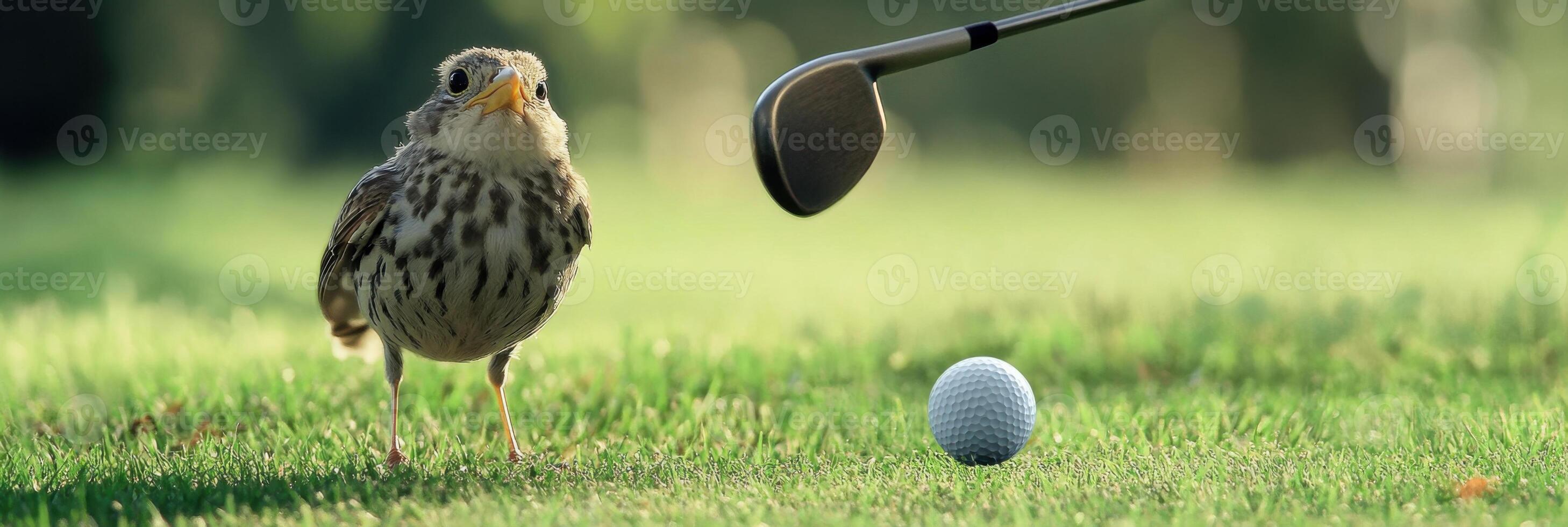 Bird attempts to swing golf club but hilariously misses the ball during a fun day on the course photo