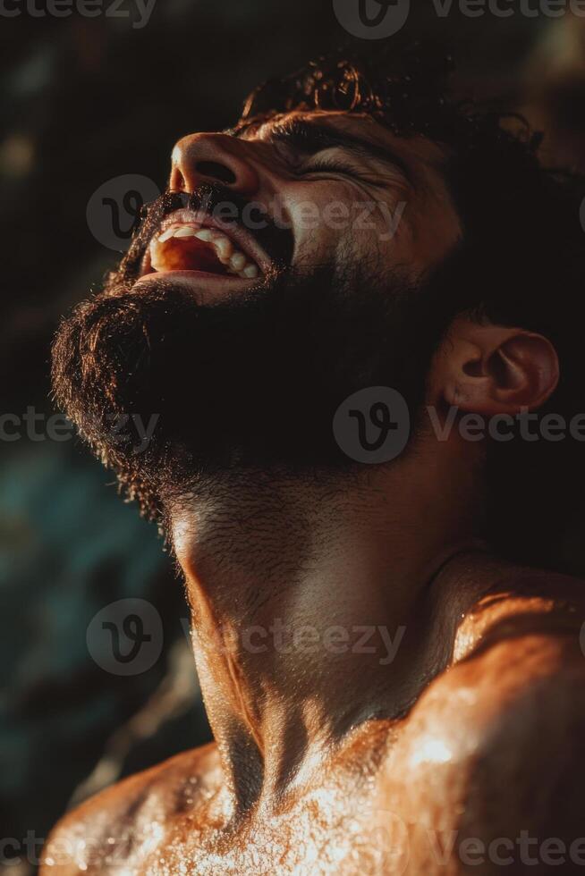 Passionate person expressing joy in a serene natural setting under soft sunlight photo