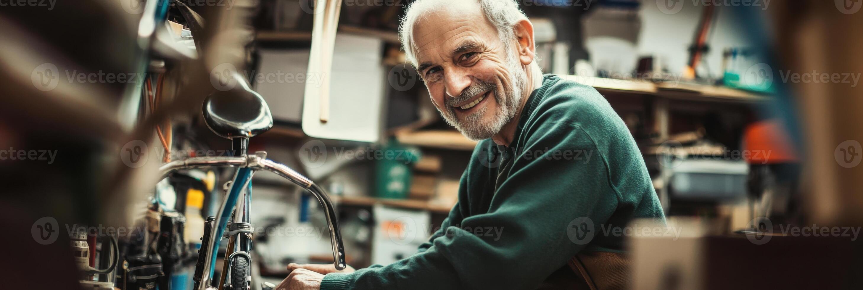 Smiling retired man focuses on restoring vintage bike in his garage workshop filled with tools and memories photo