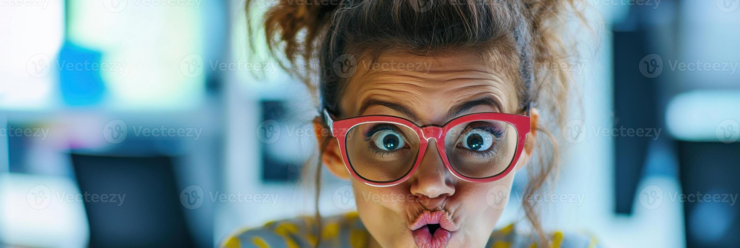 Receptionist brings humor to the workplace with funny glasses and amusing expressions photo