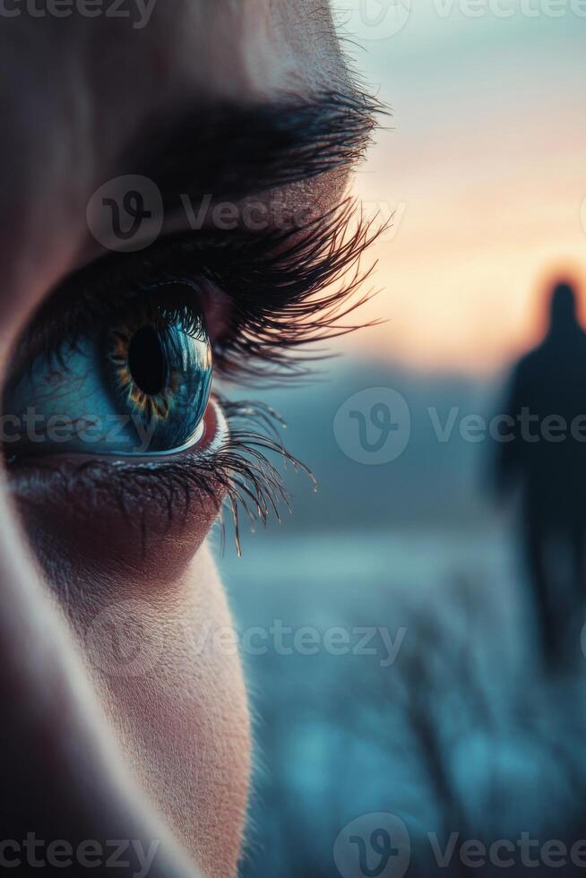 Tearful eyes reflect deep longing as a partner fades into the distance at twilight, capturing the essence of love and fear of loss photo