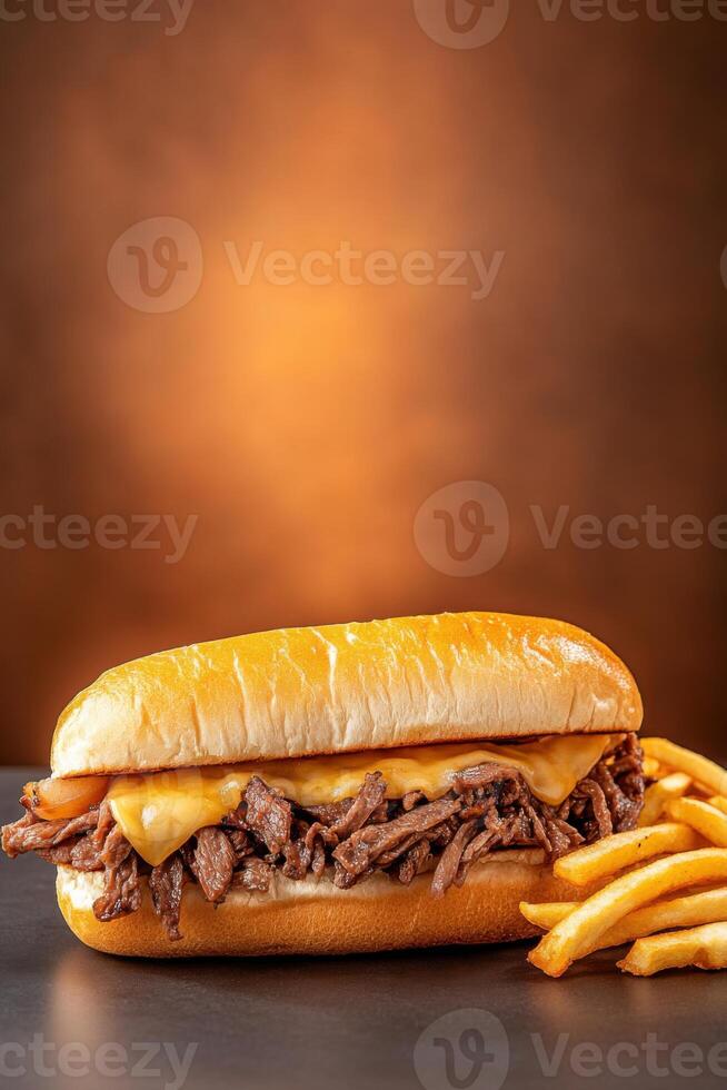 Enjoying a delicious Philly cheesesteak sandwich topped with melted cheese and served with crispy fries photo