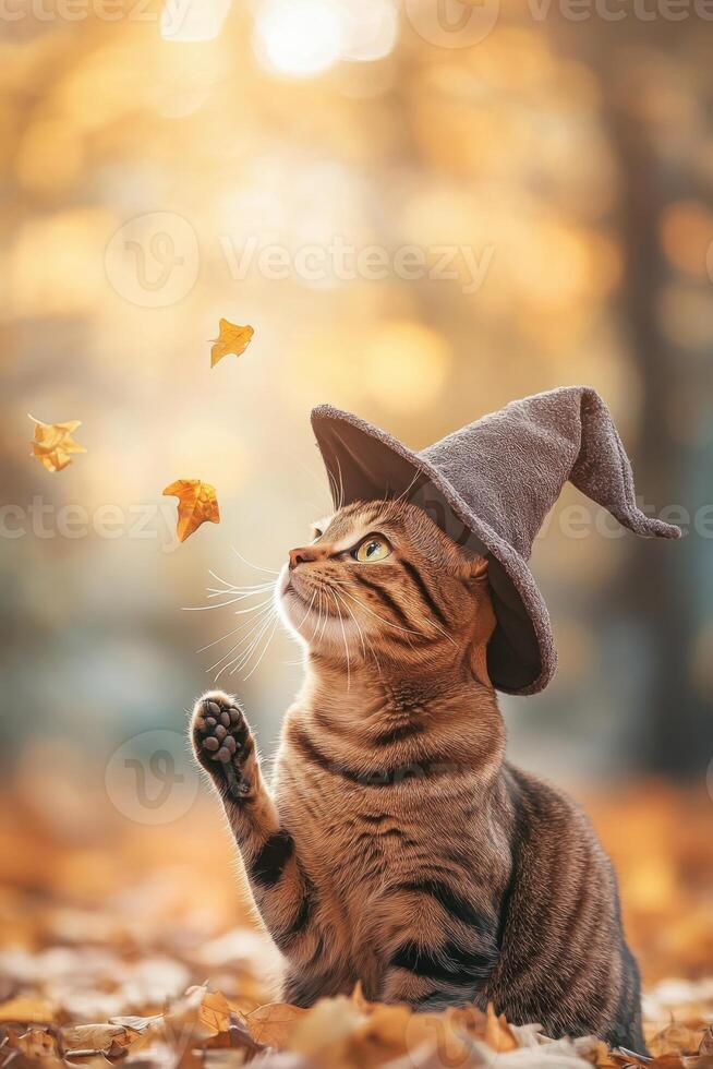 Cat in wizard hat casting spells amongst autumn leaves in a charming backyard setting photo