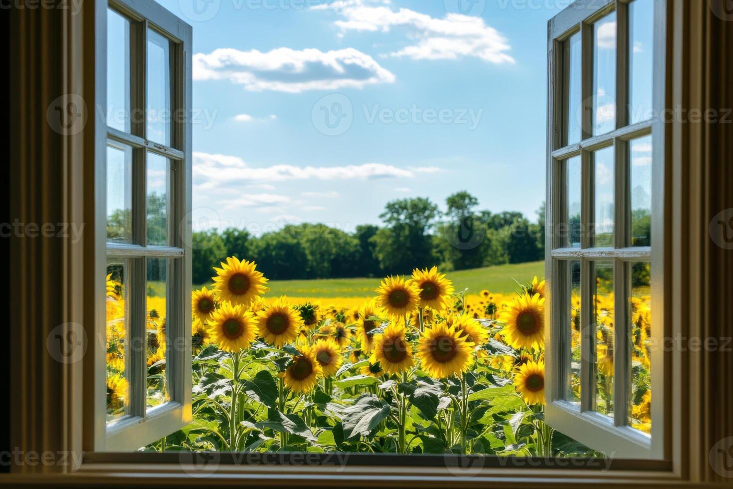 Bright and cheerful home office with a view of a scenic sunflower field photo