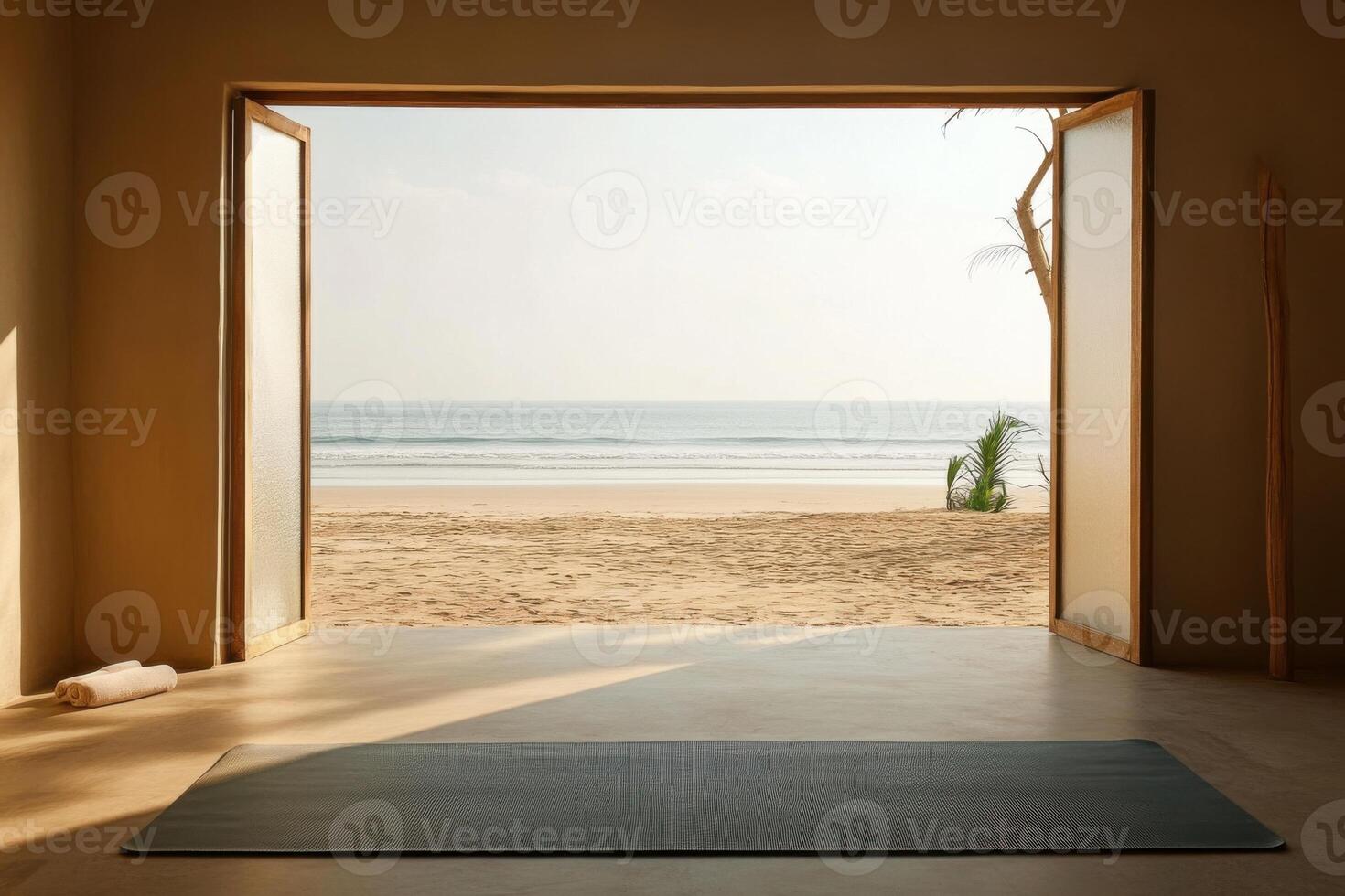 Relaxing yoga space with open door to serene beach and gentle waves photo