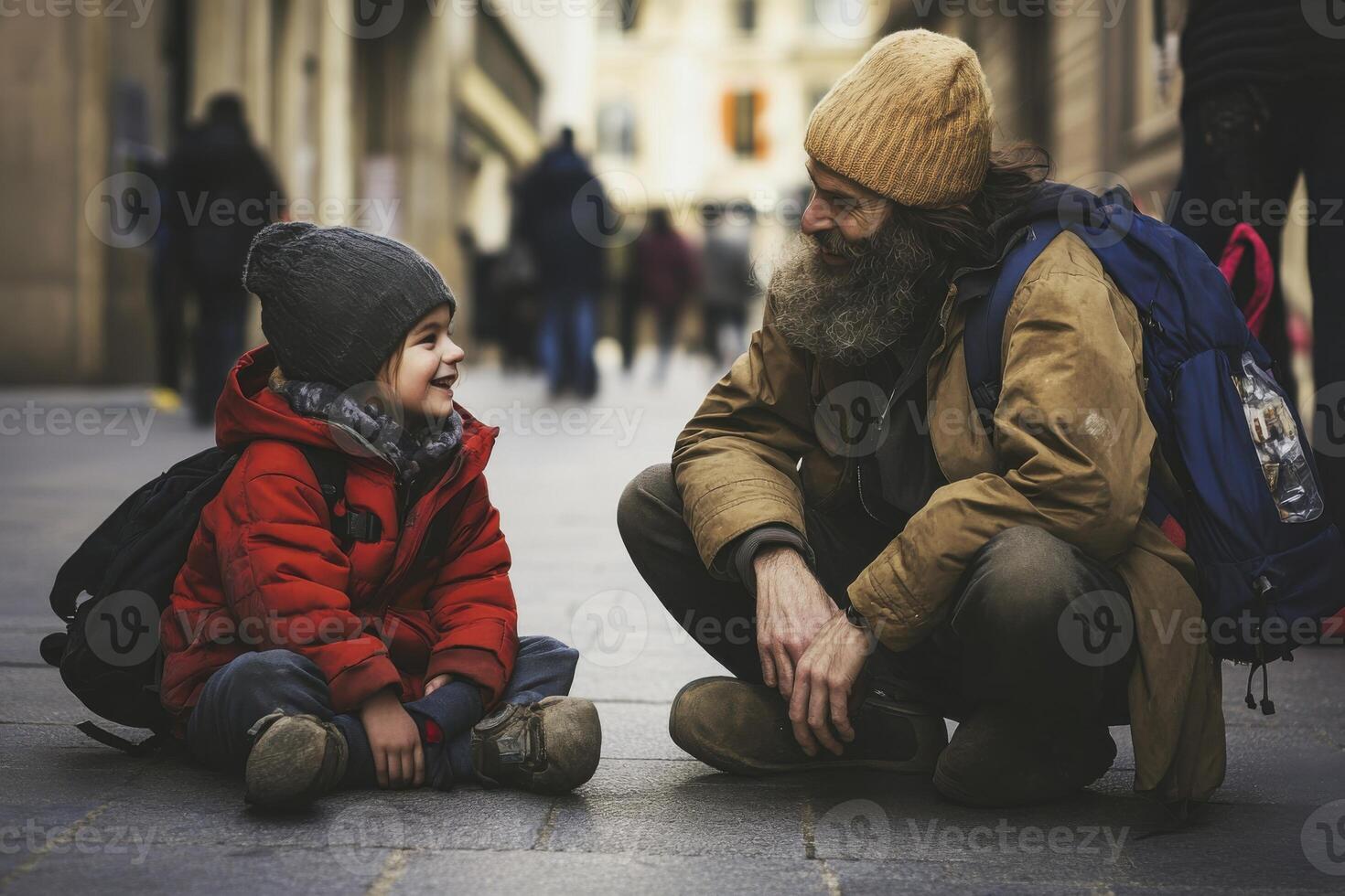 Heartwarming connection between a child and a homeless individual in a bustling city street photo
