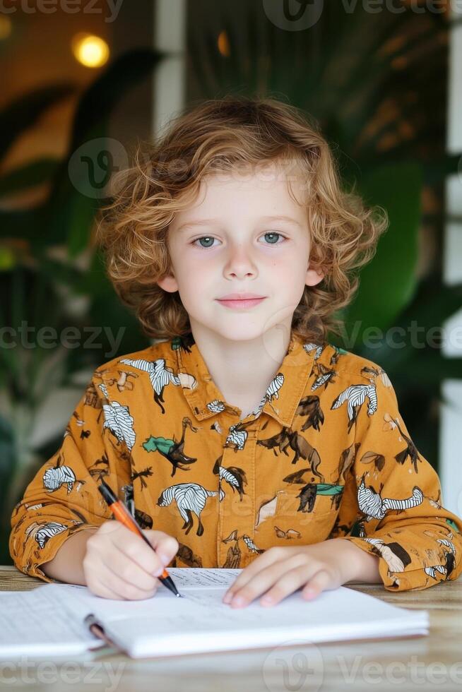 Child expresses emotions through writing in a diary, reflecting on personal thoughts and feelings in a serene environment photo