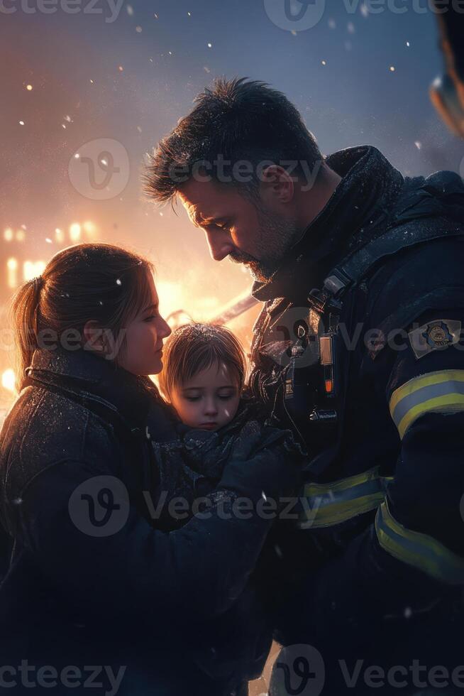 Emotional reunion of a firefighter family captured during an intense rescue operation by the flames under a snowy sky photo