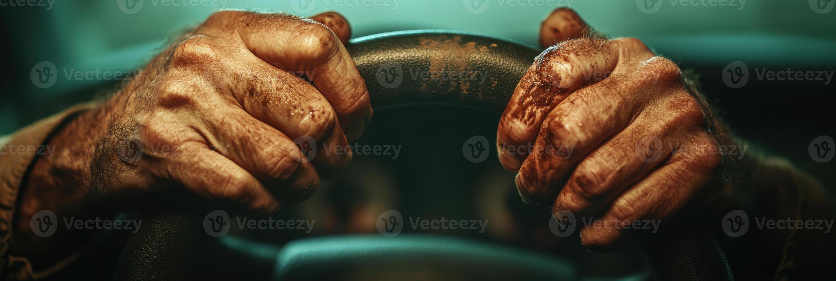 Tension and control captured as hands grip a steering wheel in a moment of uncertainty and fear on a dimly lit road photo