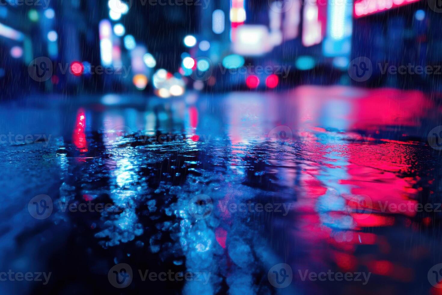 Neon reflections create a vibrant atmosphere on rainy Tokyo streets at night photo