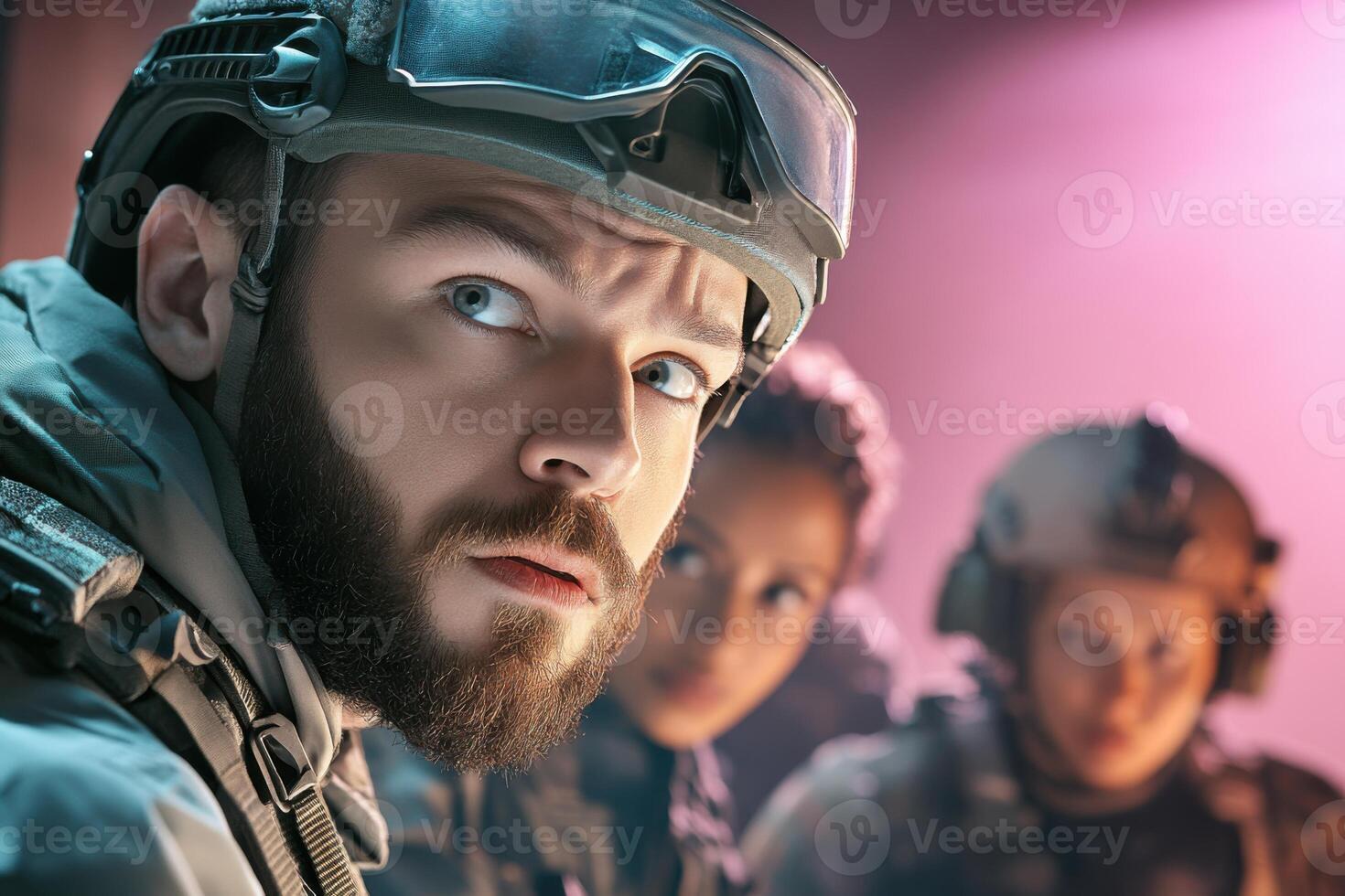 Preparation for a covert operation under the moonlight by a diverse tactical team ready for action photo