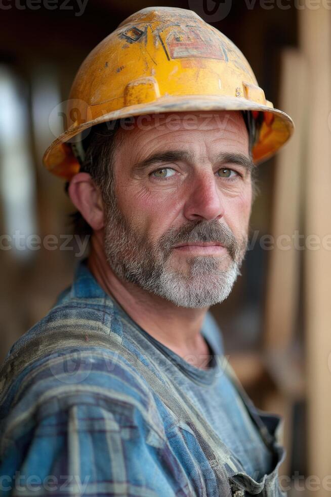 Builder wearing hard hat engaged in construction work at a site with wooden framework photo