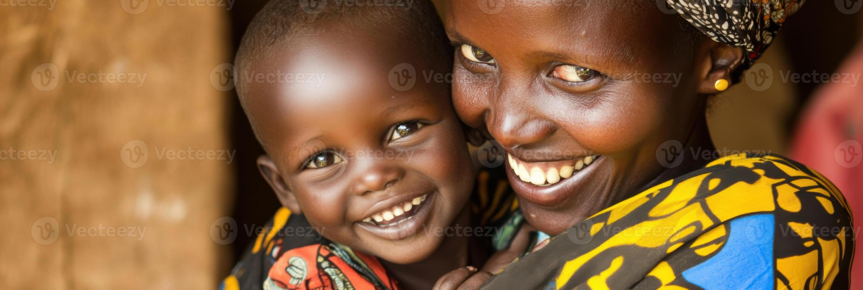 Bright smiles of a mother and child sharing a joyful moment together in a warm, close embrace photo