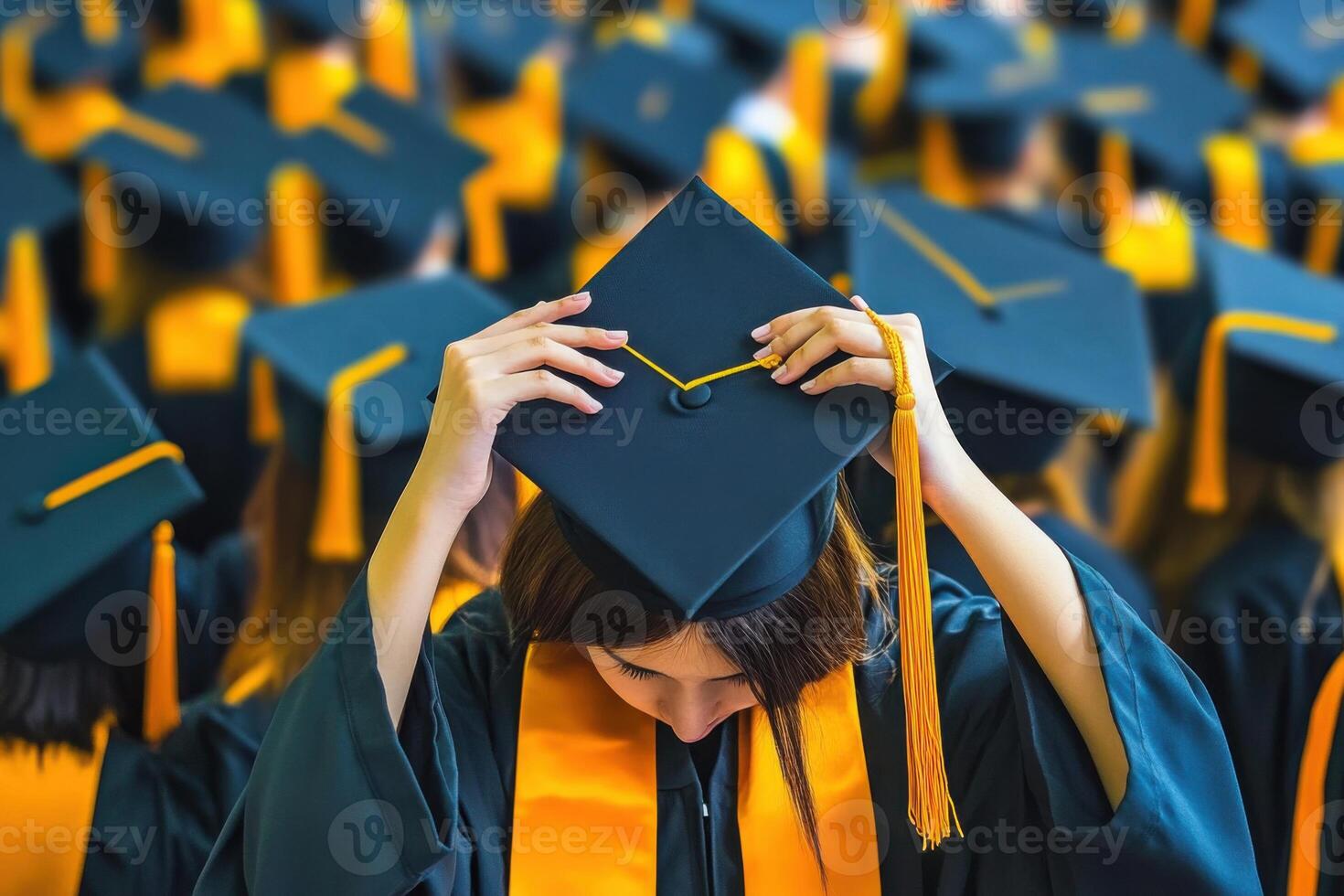 Students discover online course scam during graduation ceremony in large auditorium filled with fellow grads photo