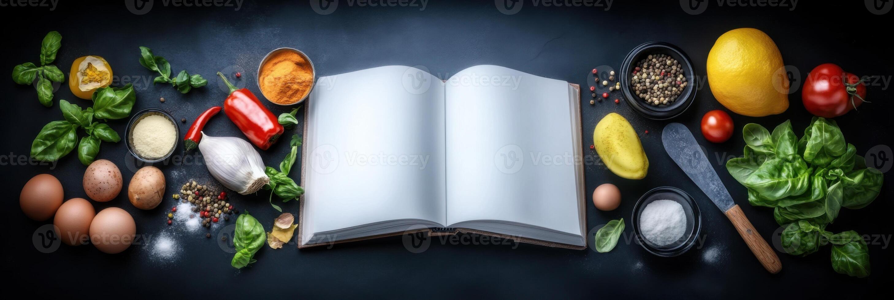 Culinary creativity unfolds in a flat-lay arrangement of cookbooks and fresh ingredients photo
