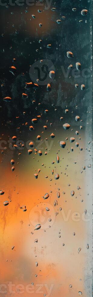 Rain-soaked glass window with droplets and blurred background for text layers during a rainy evening photo