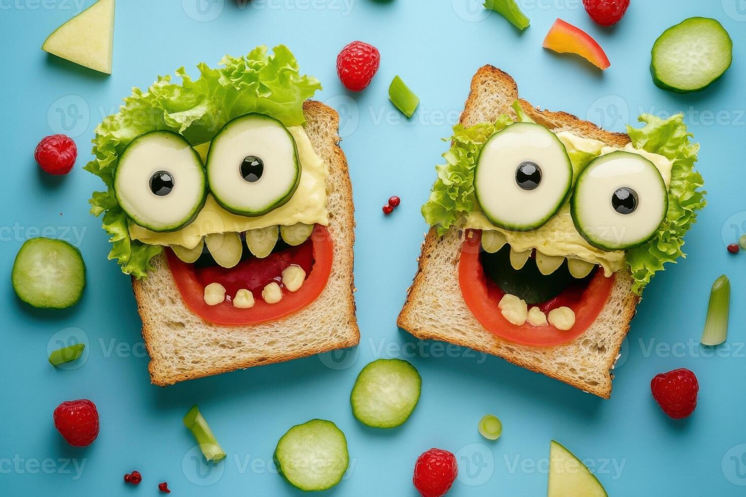 Creative sandwiches crafted into funny characters surrounded by vibrant ingredients photo