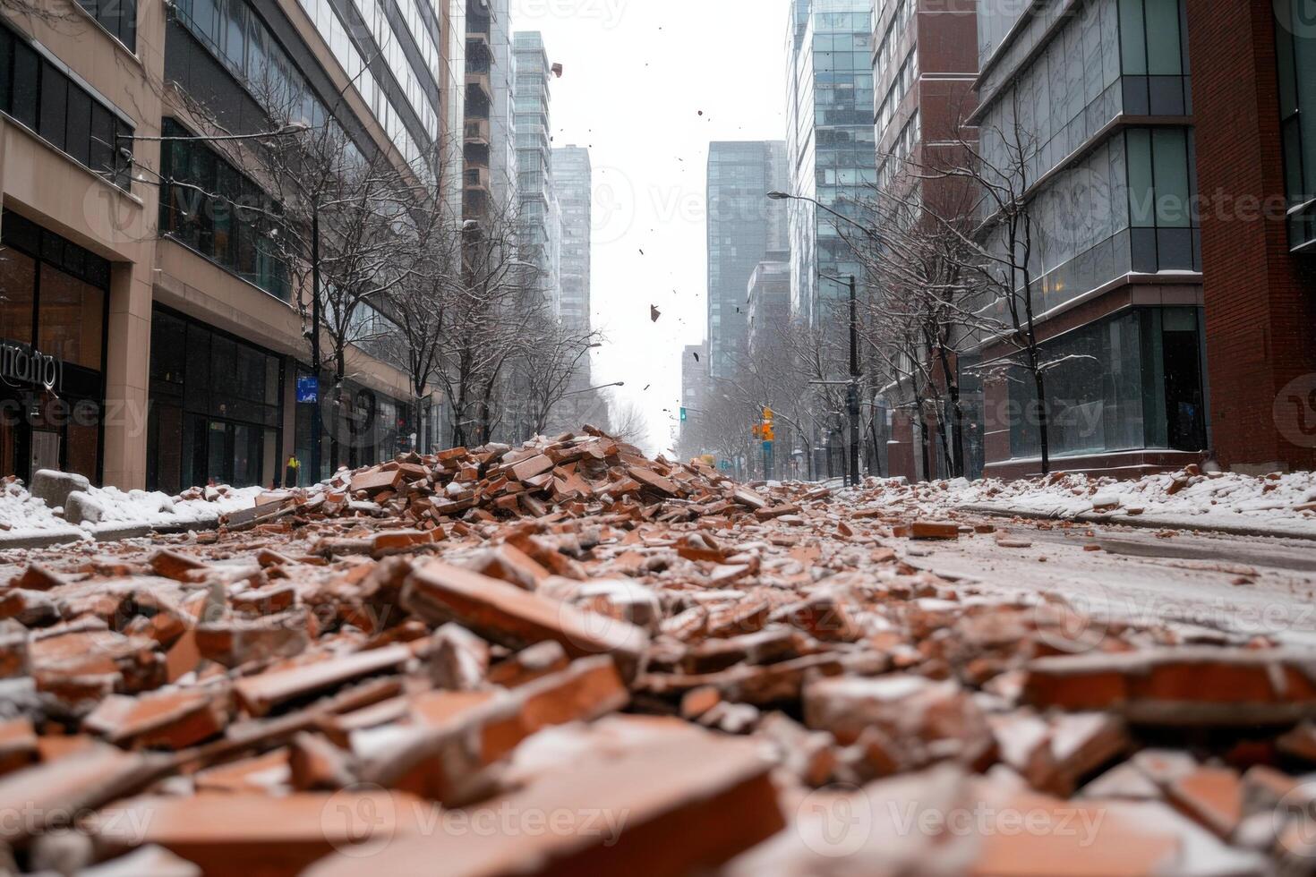 Crowded street buried under debris after building facade collapses due to heavy spring rains photo