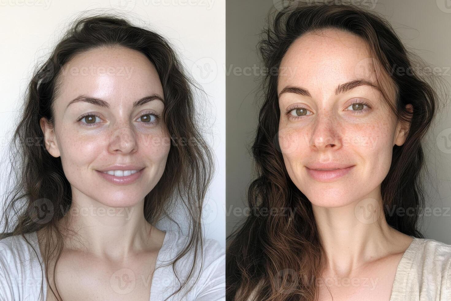 Before and after beauty routine showcasing the transformation of natural skin to radiant skin photo