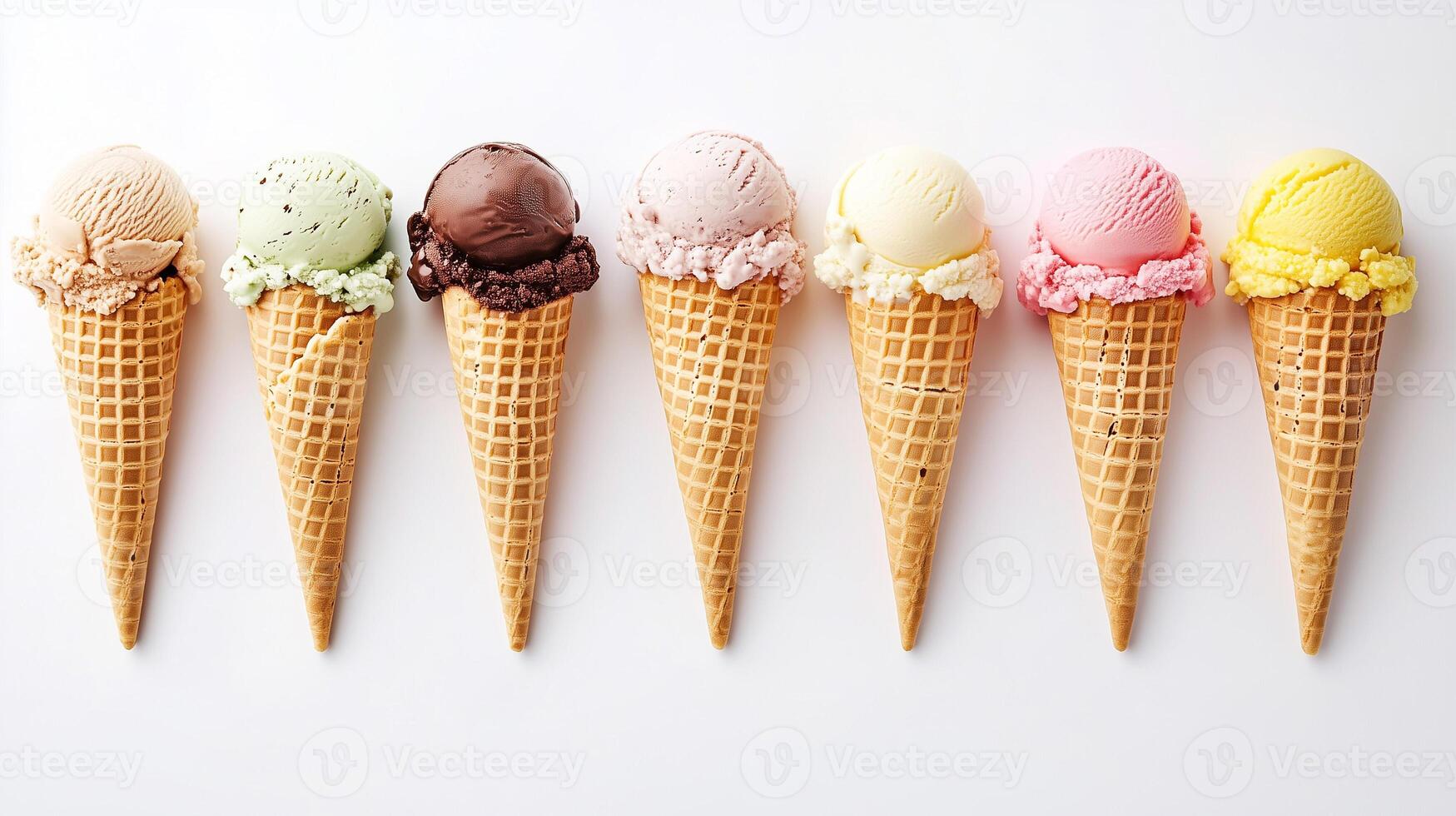 Colorful Variety of Ice Cream Scoops on Waffle Cones on White Background. photo