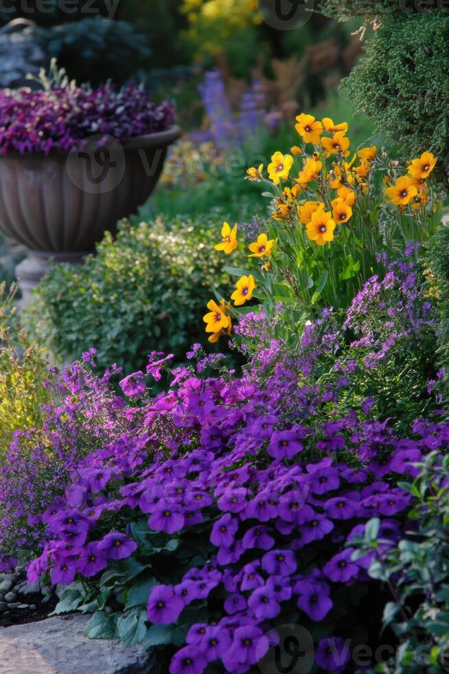 Vibrant viola blooms enhance garden aesthetic with colorful display photo