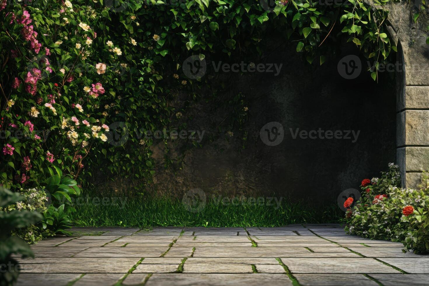 Soft-focus garden background with realistic lighting and space for text in a studio setting photo