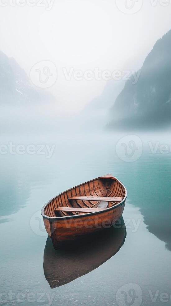 Small wooden boat floating on a calm misty lake in the mountains. photo