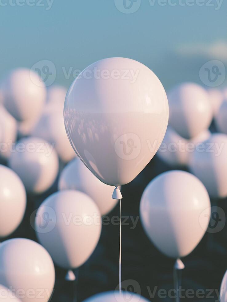 Single white balloon is focused on the field of other blurred balloons. photo