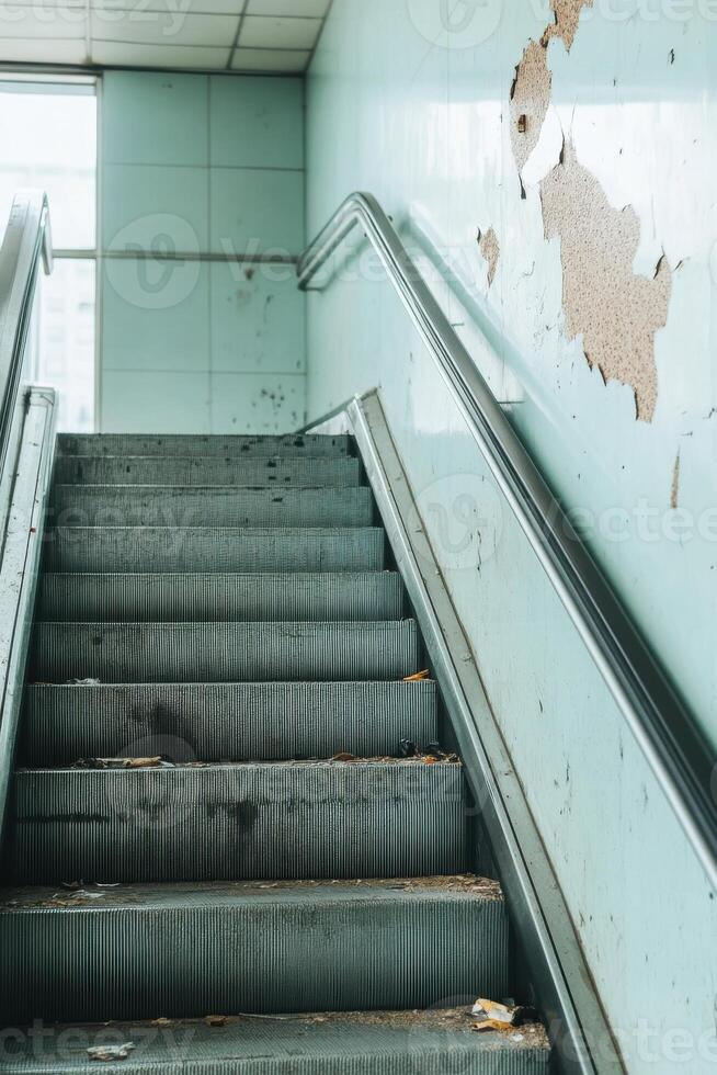 Broken escalator reflects transit challenges amidst decay in a public transport setting photo