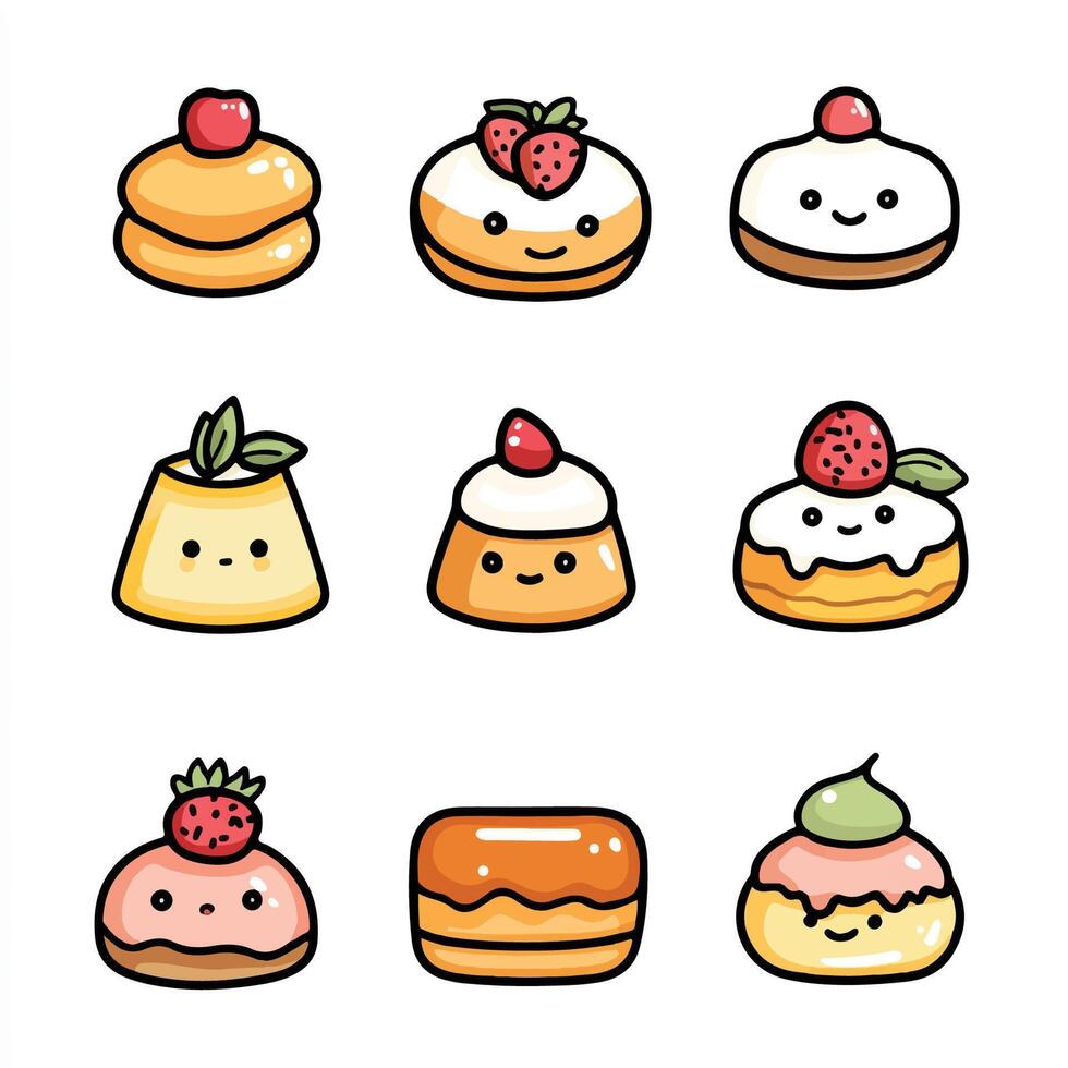 Kawaii pastry icons set vector