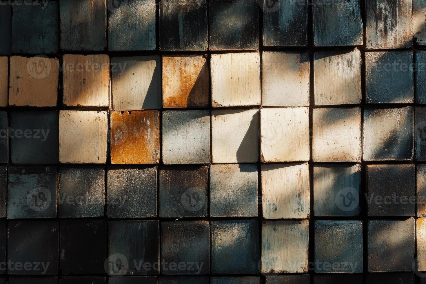Modern brick wall featuring a weathered surface with balanced lighting in an urban setting photo
