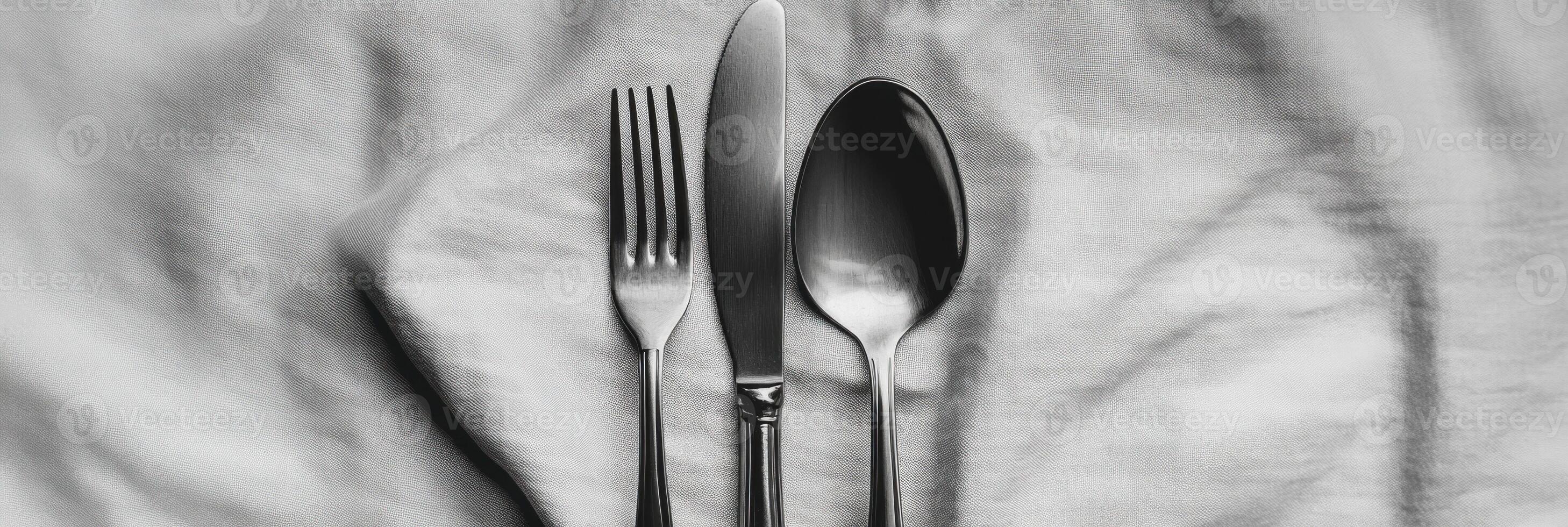 Plain silver cutlery displayed on textured cloth with elegant simplicity and minimalistic design photo
