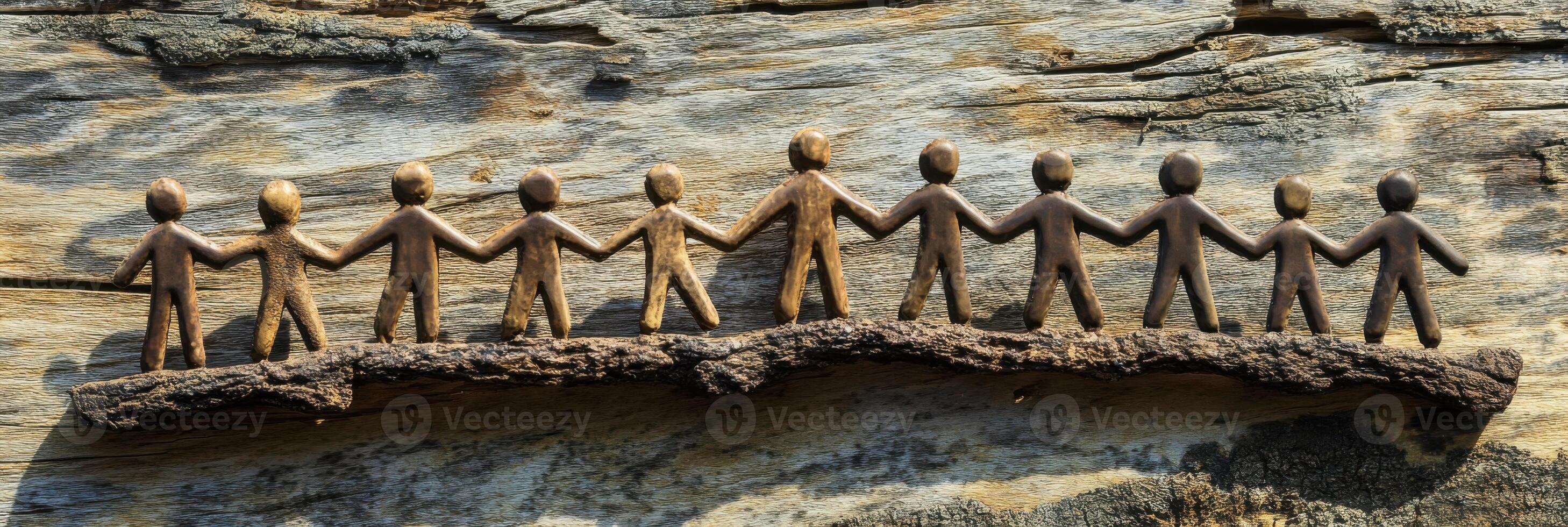 Visual representation of teamwork and friendship through connected figures on a rustic wooden surface photo