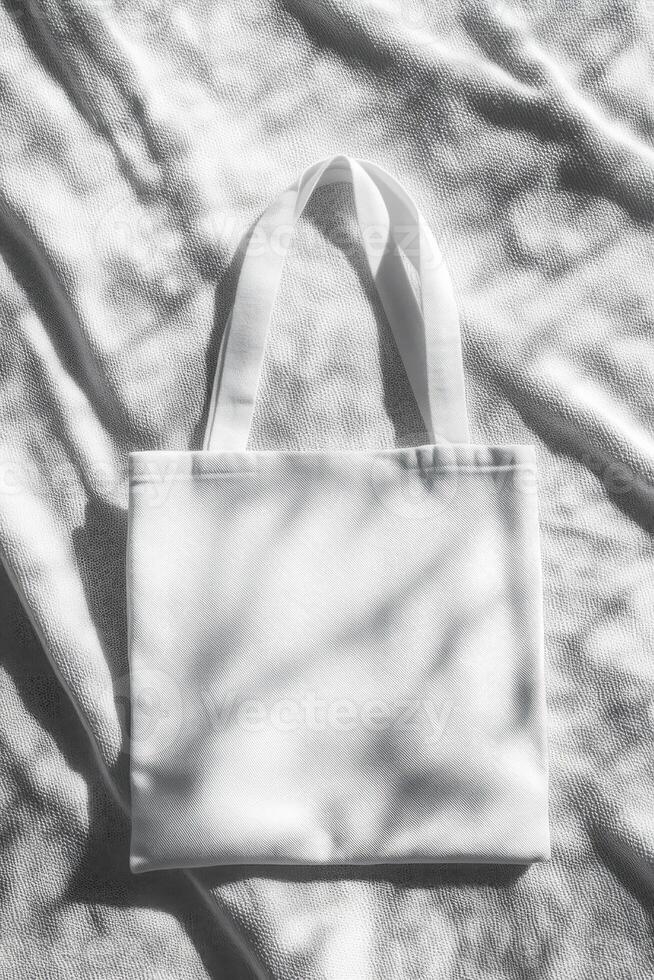 Plain tote bag lying flat on a textured monochromatic surface with soft shadows photo