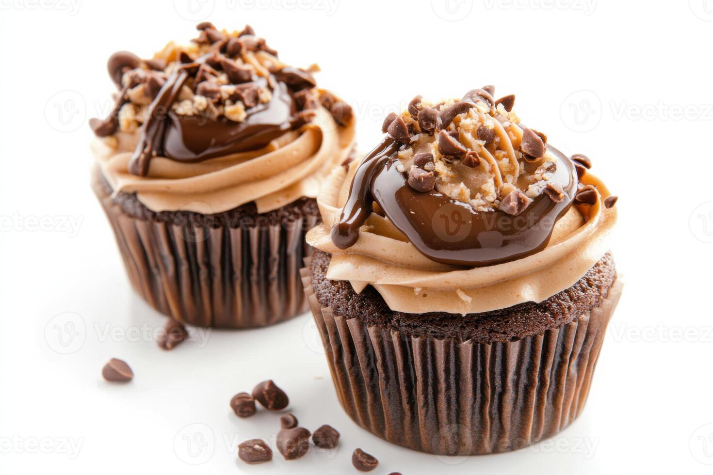 Delicious chocolate cupcakes topped with creamy frosting and crunchy nuts on a white background photo